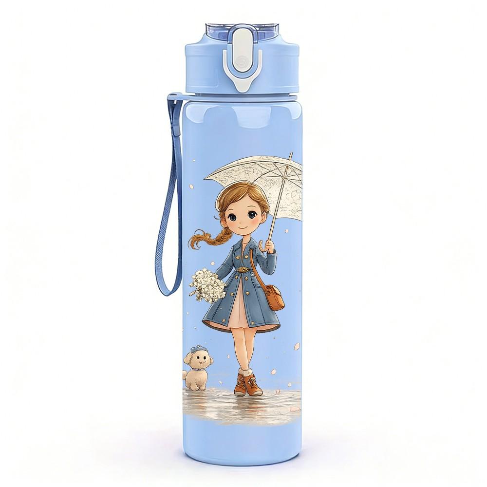 1PC Little Girl Hold Umbrella Vintage Print 750ml Color Plastic Sports Water Bottle Leakproof Flip Straw Lid Suitable for Sports Office Home Use