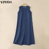 VONDA Women Round Neck Sleeveless Solid Color Casual Long Tunic Dress