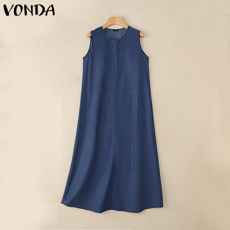 VONDA Women Round Neck Sleeveless Solid Color Casual Long Tunic Dress