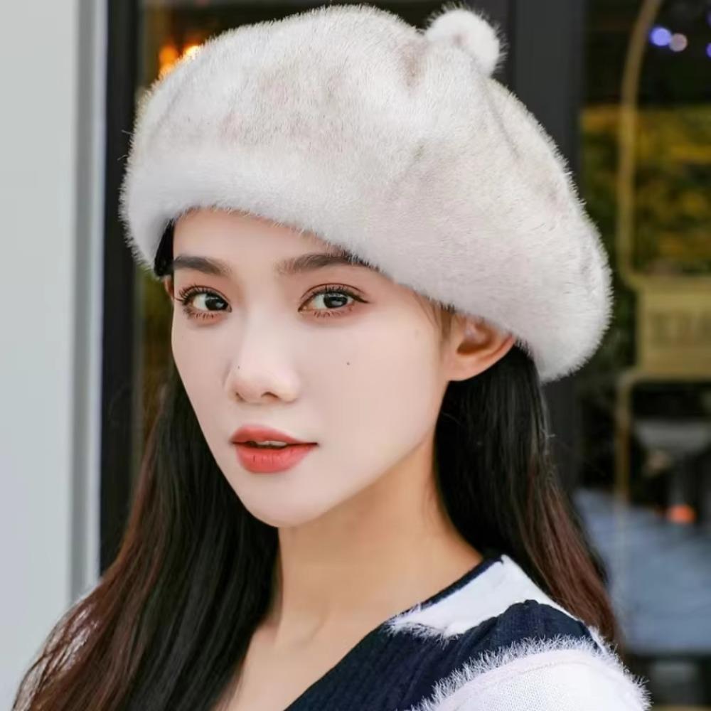 Leopard Print Faux Rabbit Fur Beret Flush Furry Fluffy Plush Beret Octagonal Beanie Cap  Women Girl