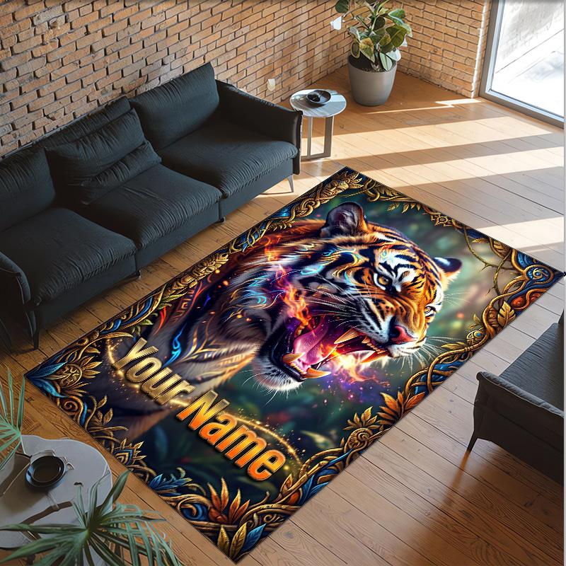 Leopard Theme Crystal Velvet Floor Rug Personalized Custom Name Text Warm Carpet Home Decoration