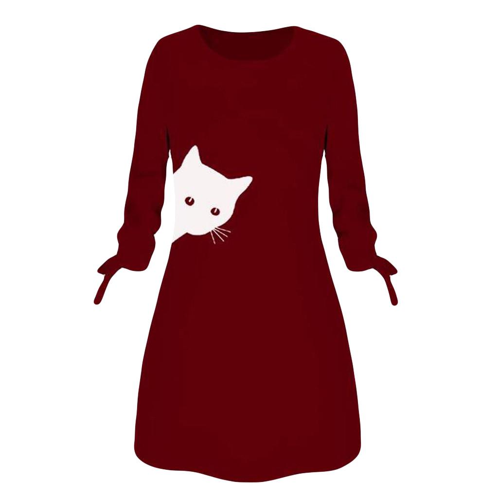 Women Fashion Printed Cat  Bow  Long Sleeve Blouse  Dress