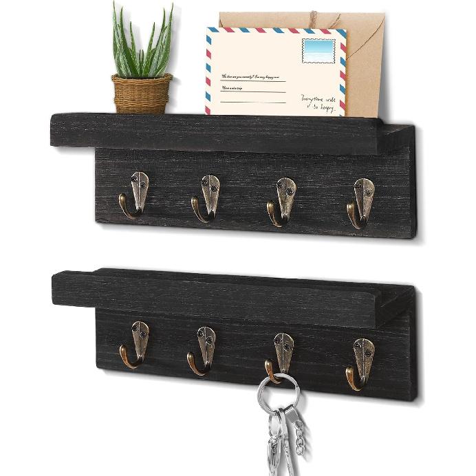 2 Pack Farmhouse Wooden Key Holder, Shelf with Hooks, Coat Rack Wall Mount, for Entryway, Bathroom, Kitchen (Black)