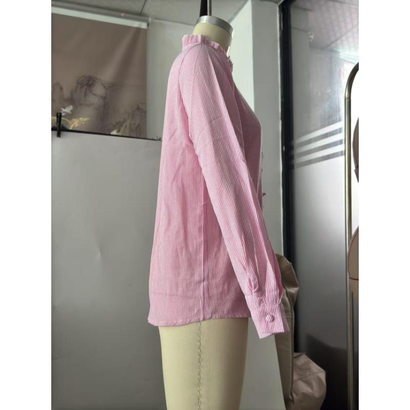 Women's Autumn Ruffle Placket Long Sleeve Blouse Striped Button Down Stand Collar Crinkled Casual Office Daily Wear Shirt Top