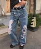 PLAC WOMEN Distressed Wide Denim Pants Mid Blue