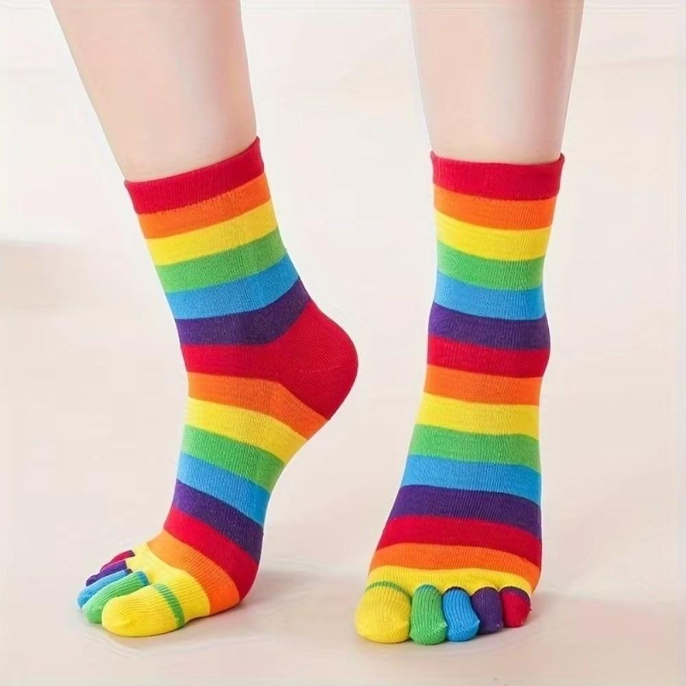 1 Pair New Colorful Five Finger Socks Rainbow Striped Sweat Absorbing Women Toe Socks Floor Socks Comfort Cotton Yoga Socks