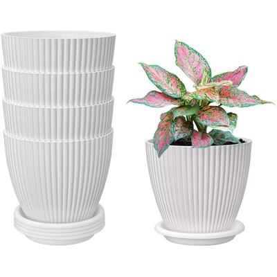 Plastic Round Flower Pots with Tray for Home Planters, Terrace, Garden Etc | Pack of 05 | White | Size 6.5 Inch | for Home Indoor & Outdoor