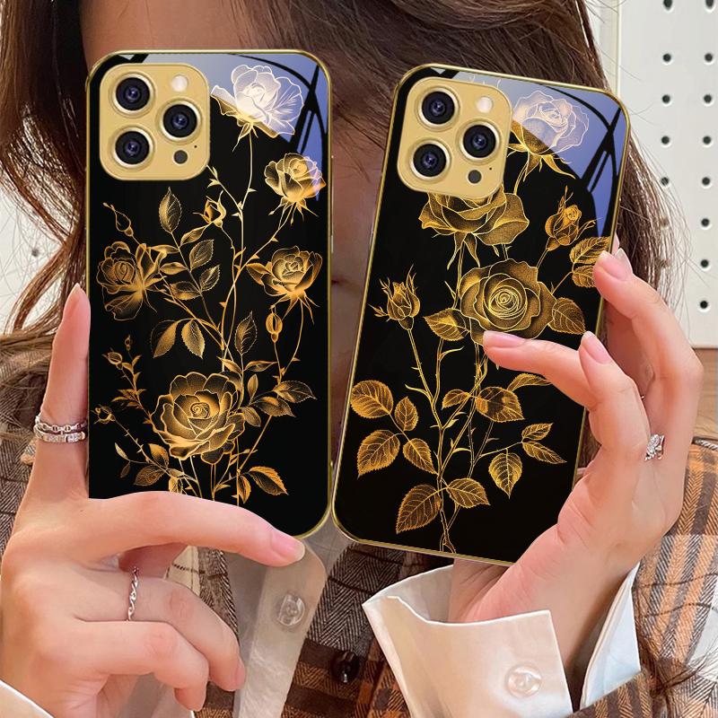 Golden Rose Flowers For IPhone 16 Pro Max 15 P Ro 14 M Ax 13 Plus 12 Mini 11 XS Max XR Golden Tempered Glass Phone Case