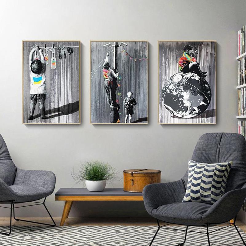 Banksy Graffiti-Kunst auf Leinwand, Gemälde an der Wand, Kunst, Poster und Drucke für Wohnzimmer, Home-Office, Dekoration, rahmenloses Dekor, Geschenke