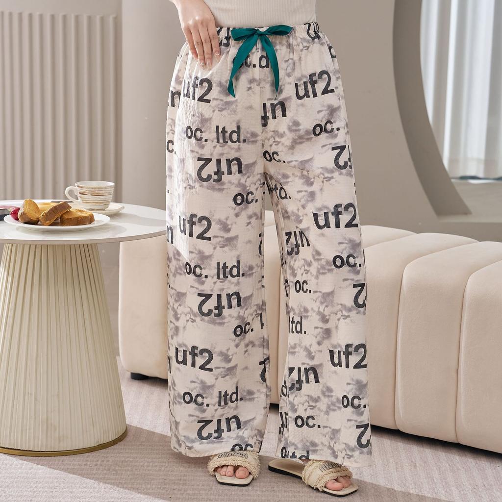 Cotton Silk Family Spring and Autumn Women's Cotton Silk Pajama Pants Wide-leg Pants Thin Artificial Cotton Can Be Worn Outside Casual Home Pants