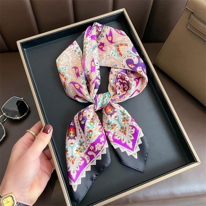 Vibrant Purple Luxury Square Scarf Women 70x70cm Silk Scarves Orange Edge Boho Print Spring Summer Beach Cover Bandana Shawl