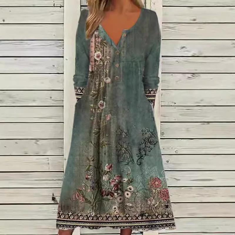 

Printed Pocket Nail Buckle Jumpsuit Long Sleeved Dress S серый