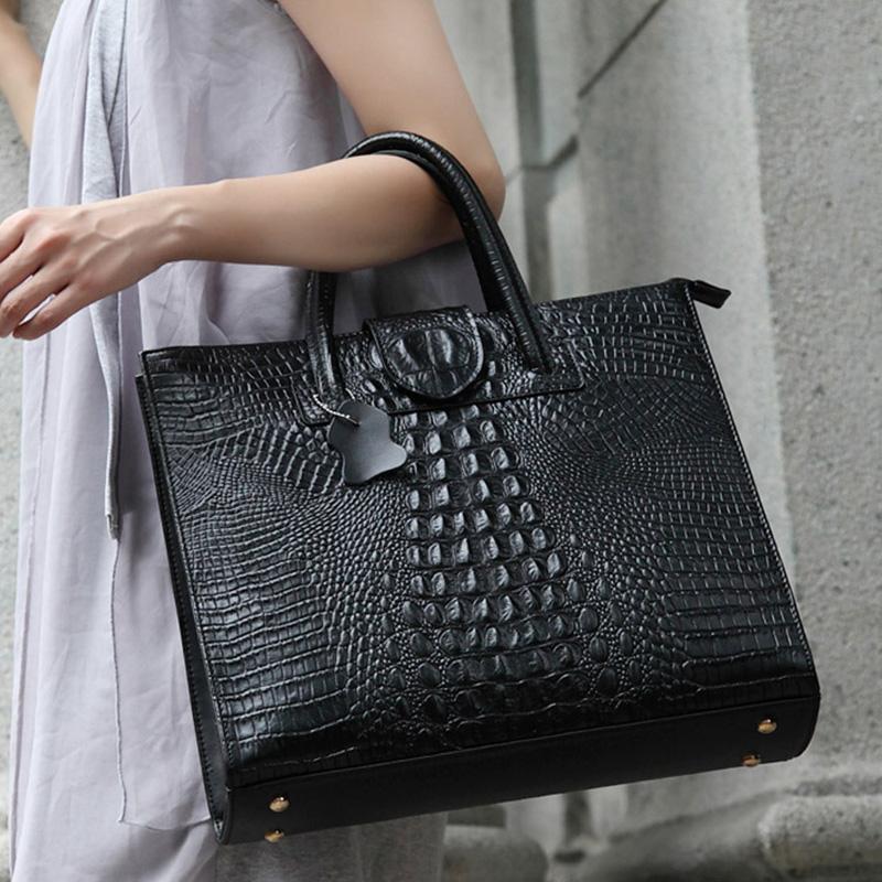 VEZFAA Nuevos Bolsos de Mano de Lujo para Mujer con Patrón de Cocodrilo de Cuero Genuino, Bolsos de Hombro de Cuero Genuino para Mujer, Bolsos de Negocios para Ordenador