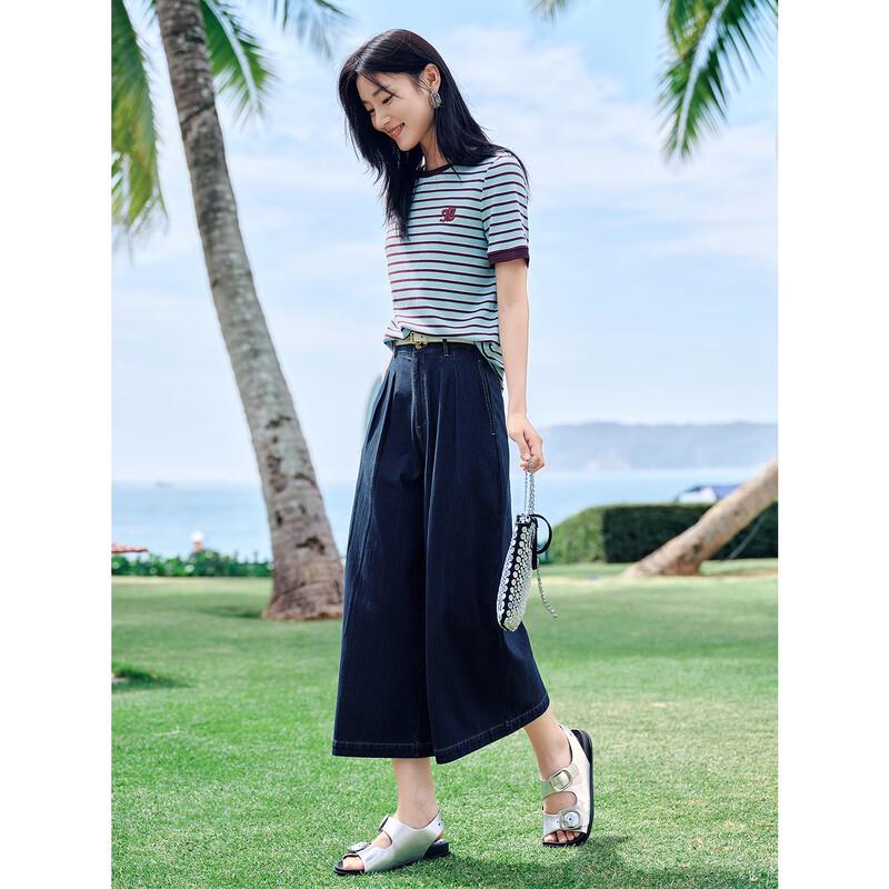 JOOZZI ANACO Women's Retro Washed Denim Cropped Wide-Leg Pants