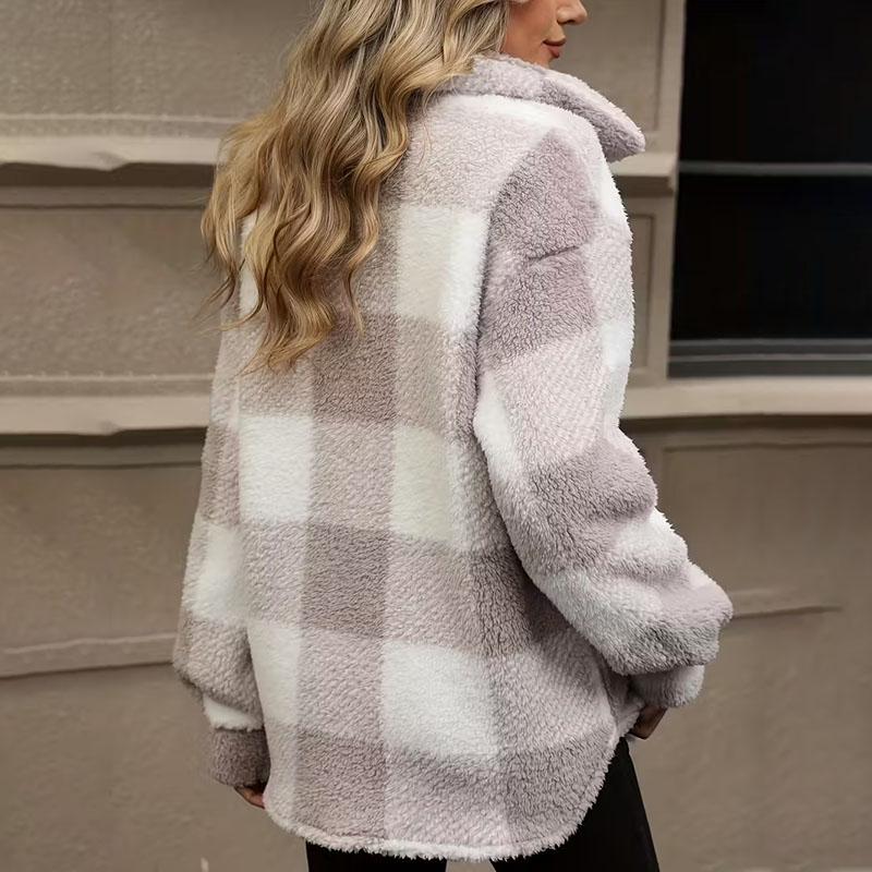 Herbst Plüsch Winterjacke Damen Karoprint Jacke Dick Plüsch Warm Print Langarm Mantel Winter Locker Umlegekragen Damenmantel