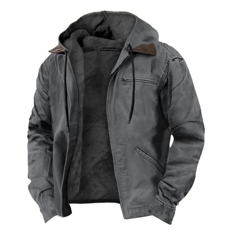 Solid Color Hooded Fleece Lined Zipper Pocket Casual Men Thickened Jacket Coat