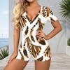 Women Plus Size White Blue Paisley Floral Printed V Neck Short Sleeve Button Front Fitted Romper