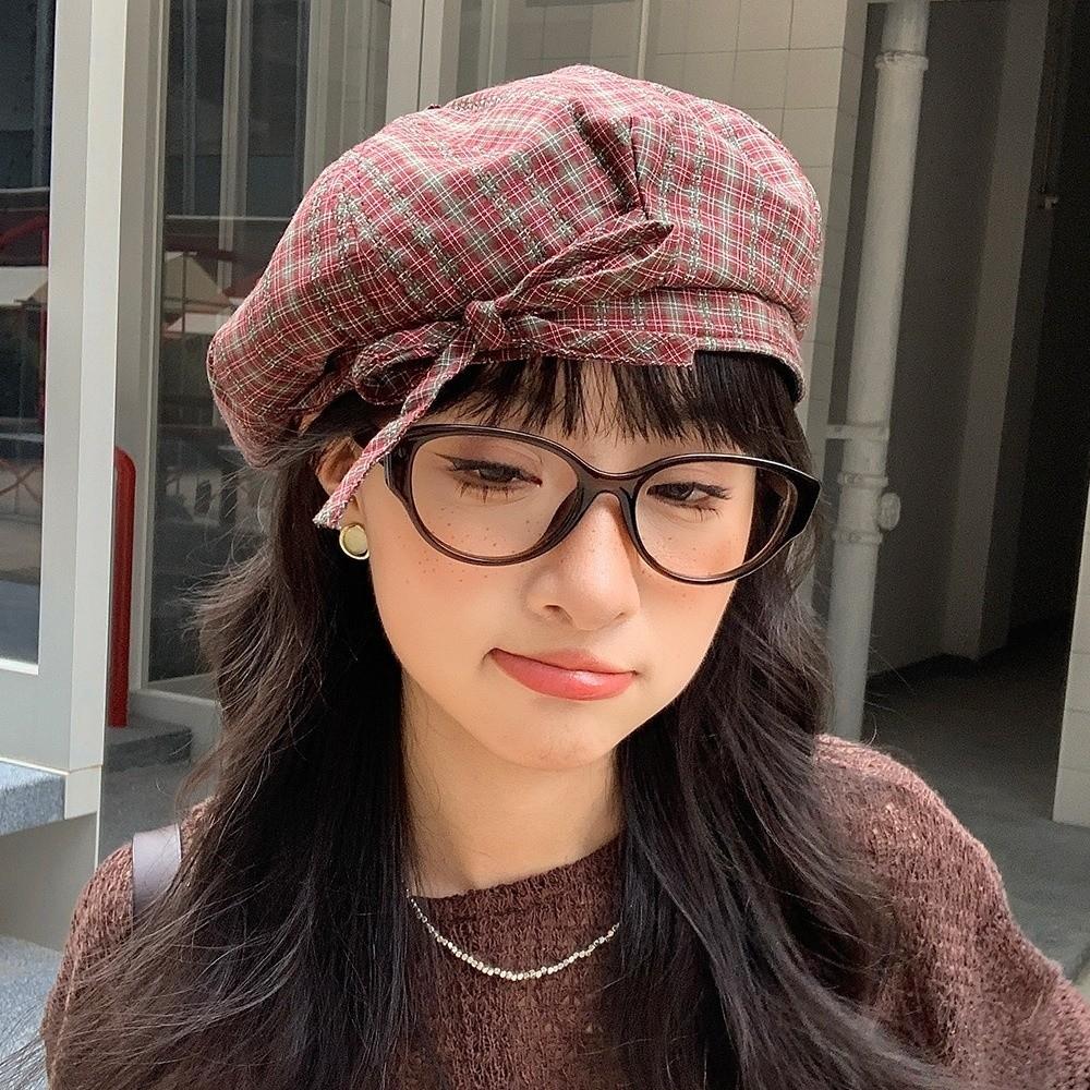 Korean Style Plaid Beret Hat Keep Warm Women Octagonal Cap Simple Women Painter Hat  All-match