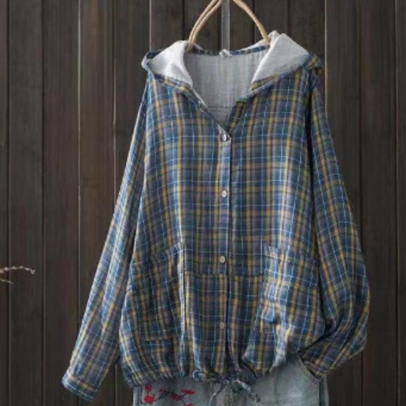 

Женская двухслойная хлопковая клетчатая рубашка с капюшоном, повседневный кардиган в стиле ретро, свободный топ, куртка One size
