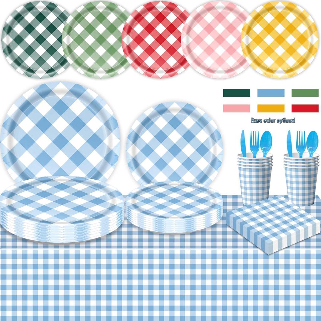 Colorful Plaid Retro Dining Plate Tablecloth for Outdoor Camping & First Birthday Party