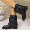 Fashion Belt Buckle Western Boots Women's Spring and Autumn New Imitation Leather Thick-soled Thick-heeled Short Boots Pleated European and American