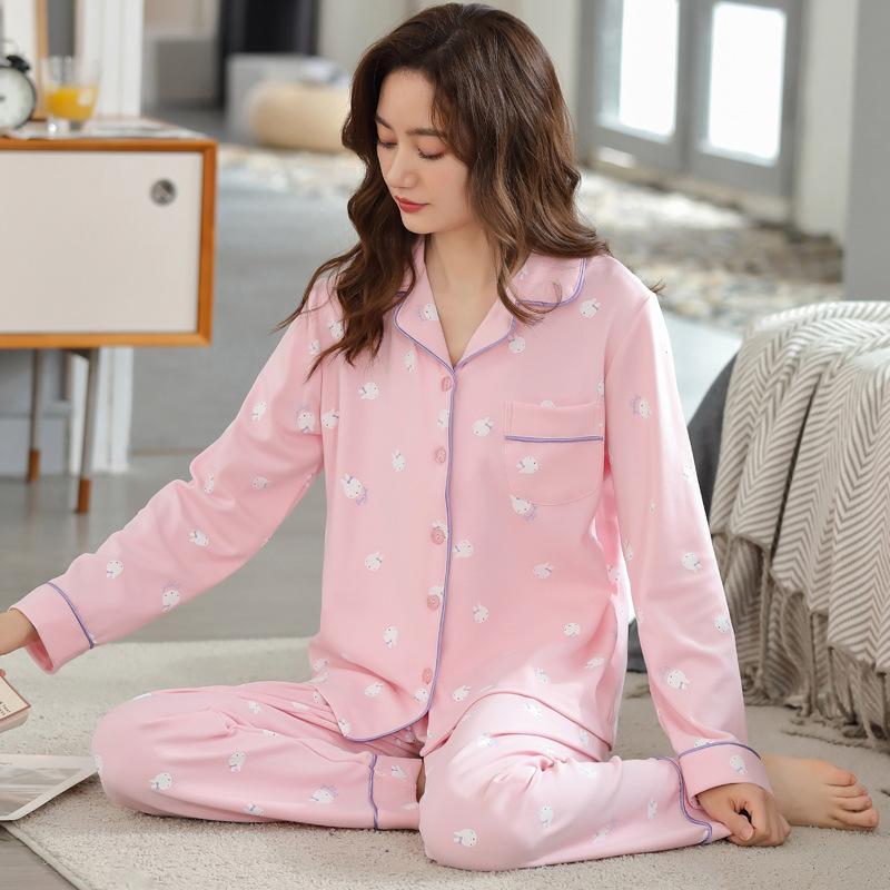 100% pure cotton pajamas women's long-sleeved printing set casual loose spring and autumn thin air-conditioned clothing loungewear can be worn outside