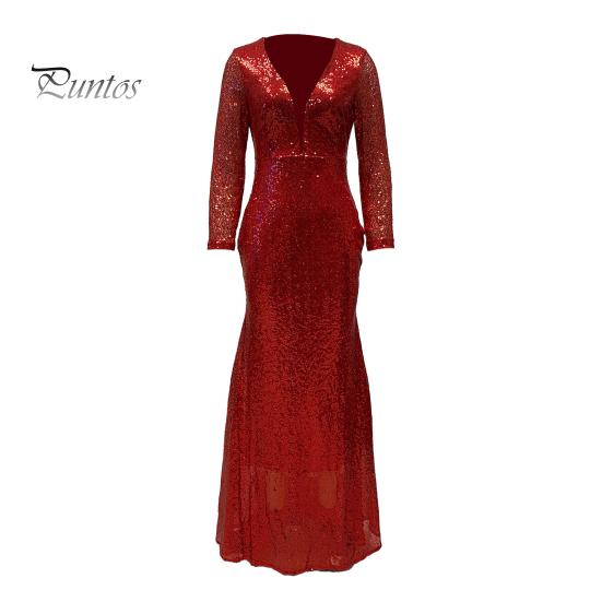 Women Evening Dress Sequin Deep V Neck Long Sleeves Slim Fit Fishtail Hem Sequin Floor Length Sheath Back Zipper Closure Maxi Dress