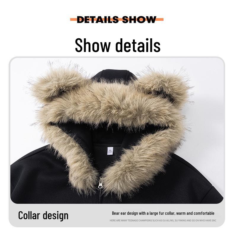Unisex Teddybär-Ohren Pelzkragen Strickjacke Hoodie - Herbst/Winter 2026 Lockerer College-Stil Jacke