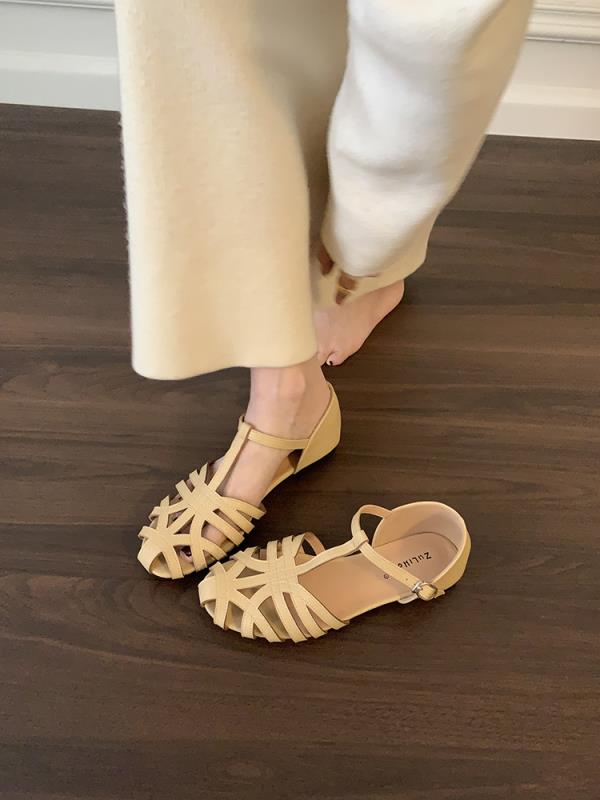 Fashion Shoes 2025 Summer Sandals Woman Heel Original Round Toe Breathable Retro New Girls Gladiator Flat Rome Slipper Slides Scandals