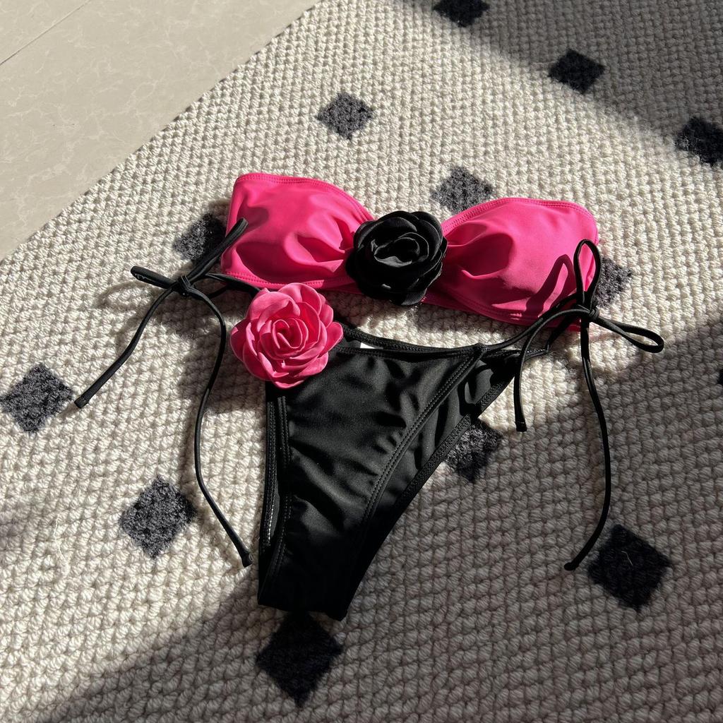 Rose Tie-Dye Color Block Two-Piece Swimsuit with Drawstring Lace-Up Bikini, European and American Style, Strapless Design 