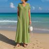 Summer Short Sleeve Cotton Dress for Women Button Down V Neck Long Dress Casual Loose Flowy A-line Beach Sundress with Pockets