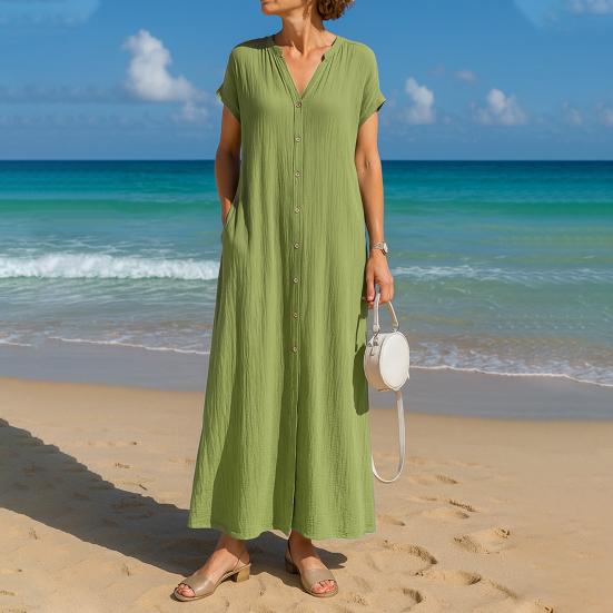 Summer Short Sleeve Cotton Dress for Women Button Down V Neck Long Dress Casual Loose Flowy A-line Beach Sundress with Pockets