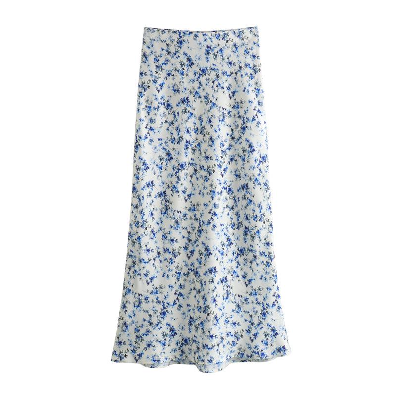 Spring 2024 European & American Style Satin Print Shirt and Midi Skirt Set for Women