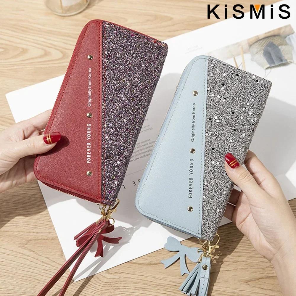 Fashion Women's PU Leather Long Wallets Sequins Patchwork Glitter Coin Purse Gifts for Girls Wholesale