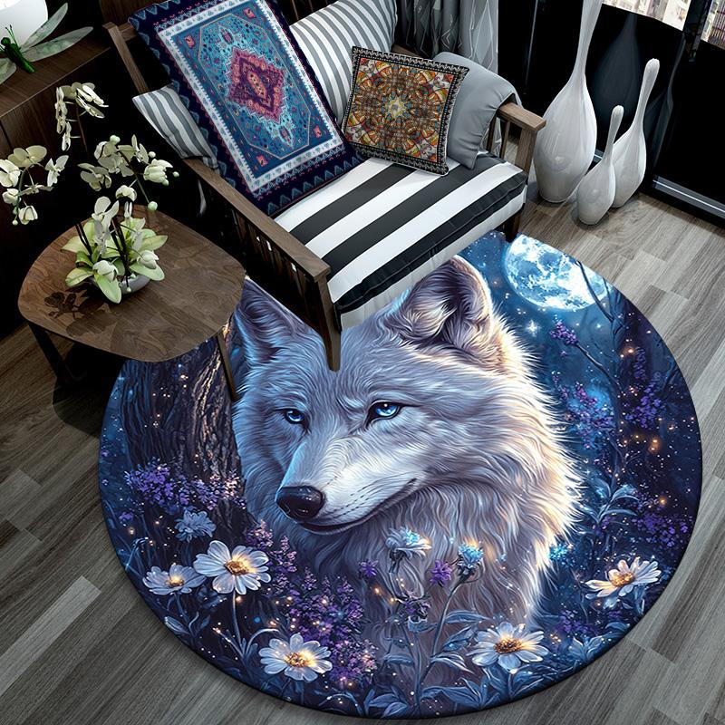 Wolf in Moonlit Round Area Rug,Carpet Rug for Living Room Bedroom Sofa Playroom Decor,Non-slip Floor Mat