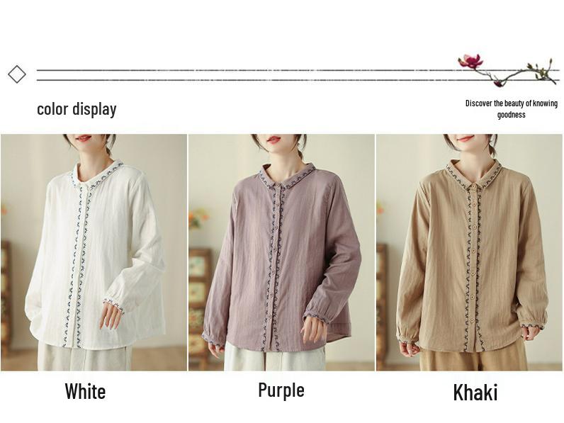 2025 Retro Art Women's Embroidered Lapel Shirt - Comfortable Spring Top