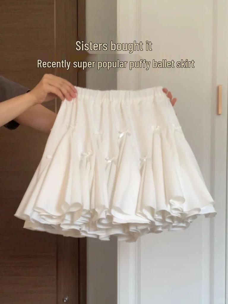 Women's Summer A-Line Midi Skirt: Bowknot White Floral Ballet-Style, High Waist Fluffy Slimming Skirt