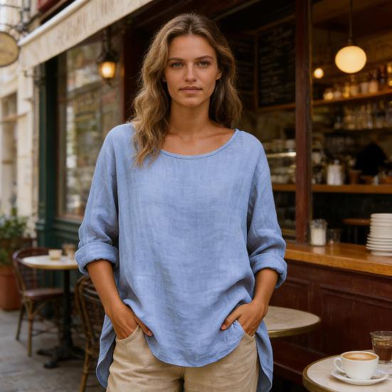Women Tops Round Neck Long Sleeve Loose Fit Casual Blouse Breathable Soft