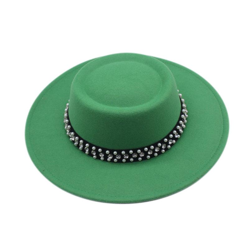 European and American New Autumn and Winter Wool Woolen Big-brimmed Jazz Hat Female Concave Top Black Top Hat Pearl Rhinestone Felt Hat