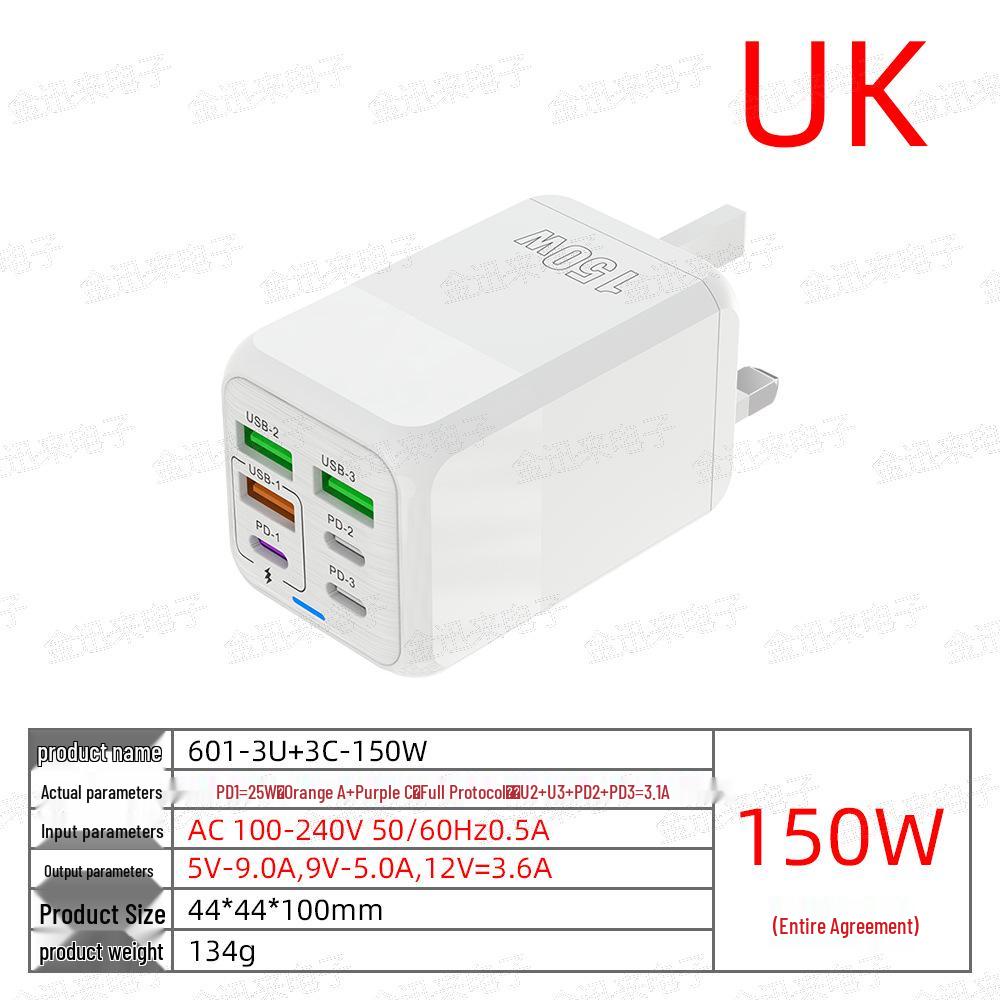 150W Multi-Port Charger: 3 USB + 3 PD Fast Charge, Euro & UK Standard