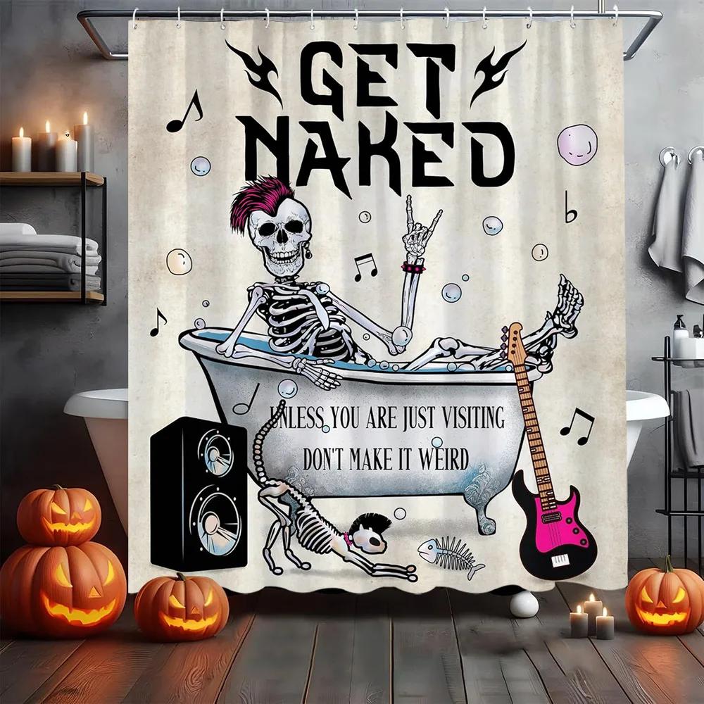 Gothic Skull Skeleton Shower Curtain Halloween Vintage Spooky Funny Black Rose Bone in Bathtub Retro Floral Unique Bathroom Deco