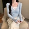 Spring new tight and thin chic white sky blue fake two-piece collar long-sleeved women's pure desire commuter top