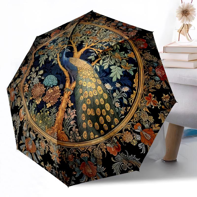 Stained Glass Peacock Art Portable Automatic Umbrella Compact & Durable 8-Rib Design Lightweight Travel Essential Fashionable Stylish Gift for Women