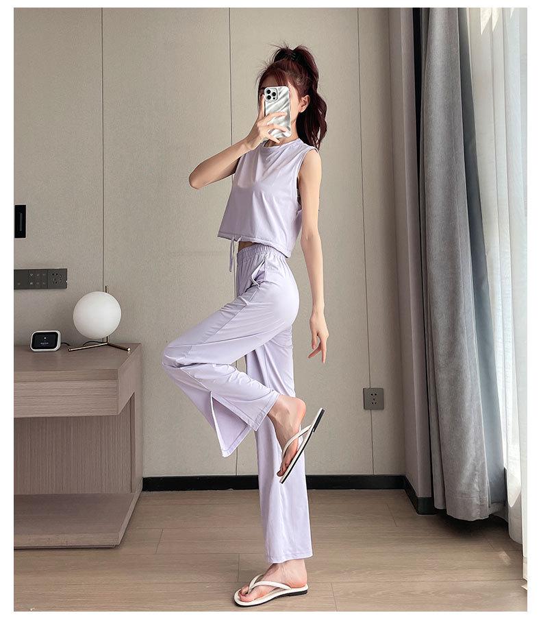 Women's Black Sun Protection Sportswear Set: Summer Quick-Dry Fitness Top & High-Waisted Wide-Leg Pants