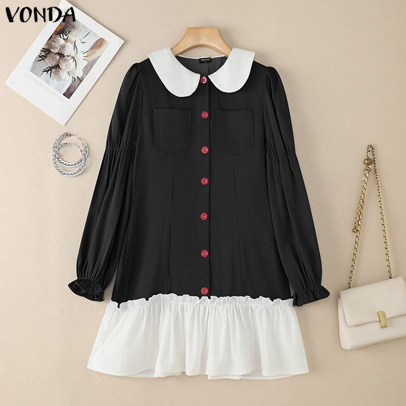 VONDA Elegant Women Lapel Neck Long Sleeve Patchwork Ruffled Shirts Dress