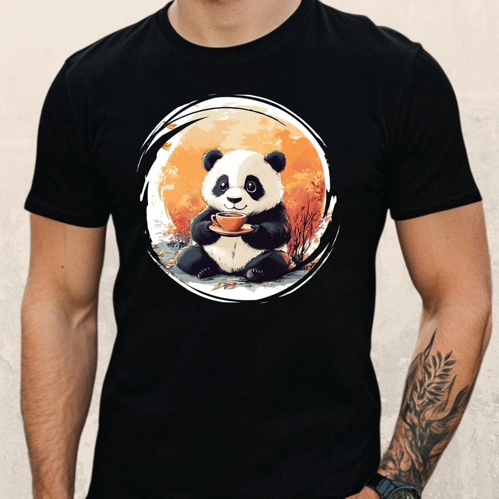 T-Shirt Herren Panda trinkt Kaffee Motiv Baumwolle Größe S bis 5XL