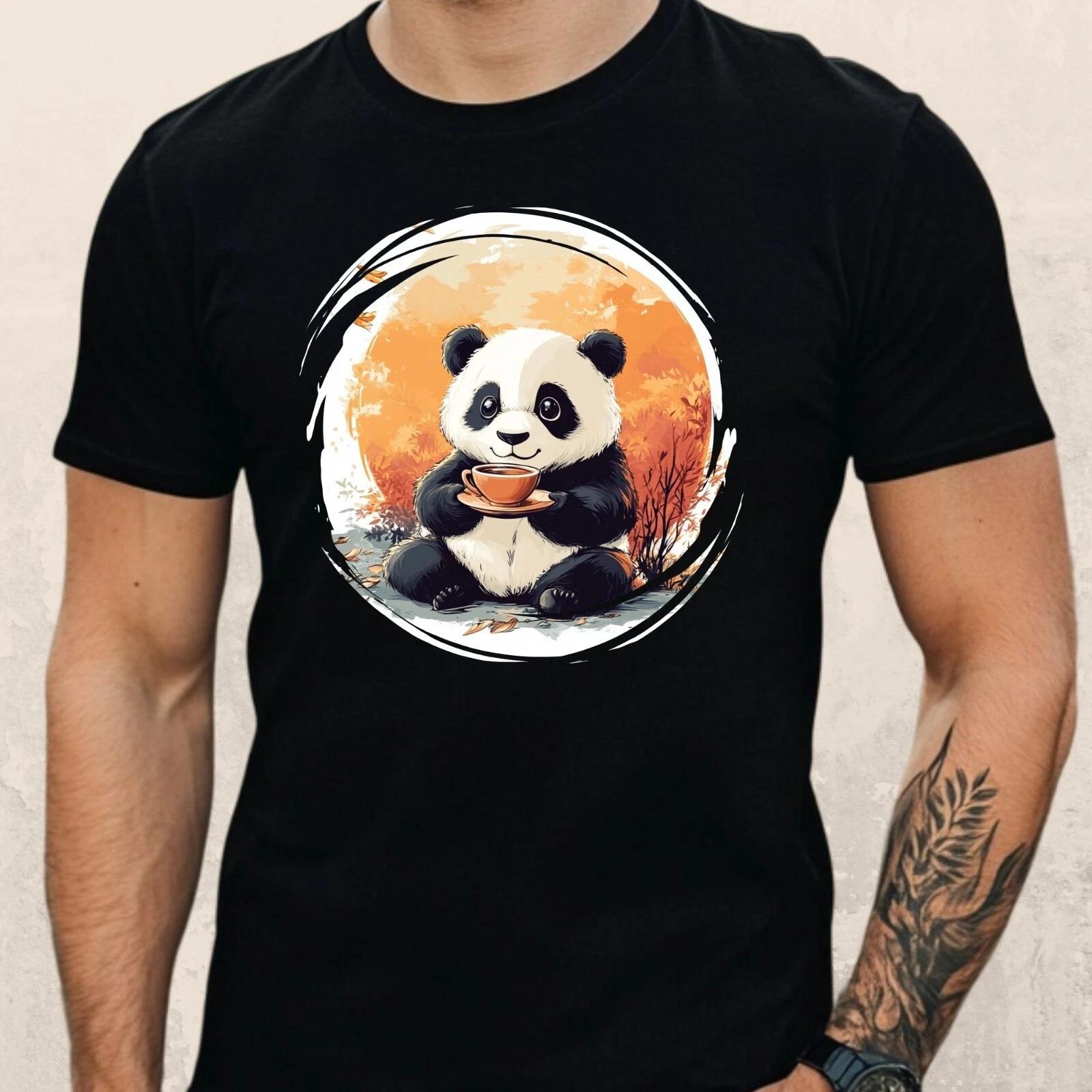 T-Shirt Herren Panda trinkt Kaffee Motiv Baumwolle Größe S bis 5XL XXXXL