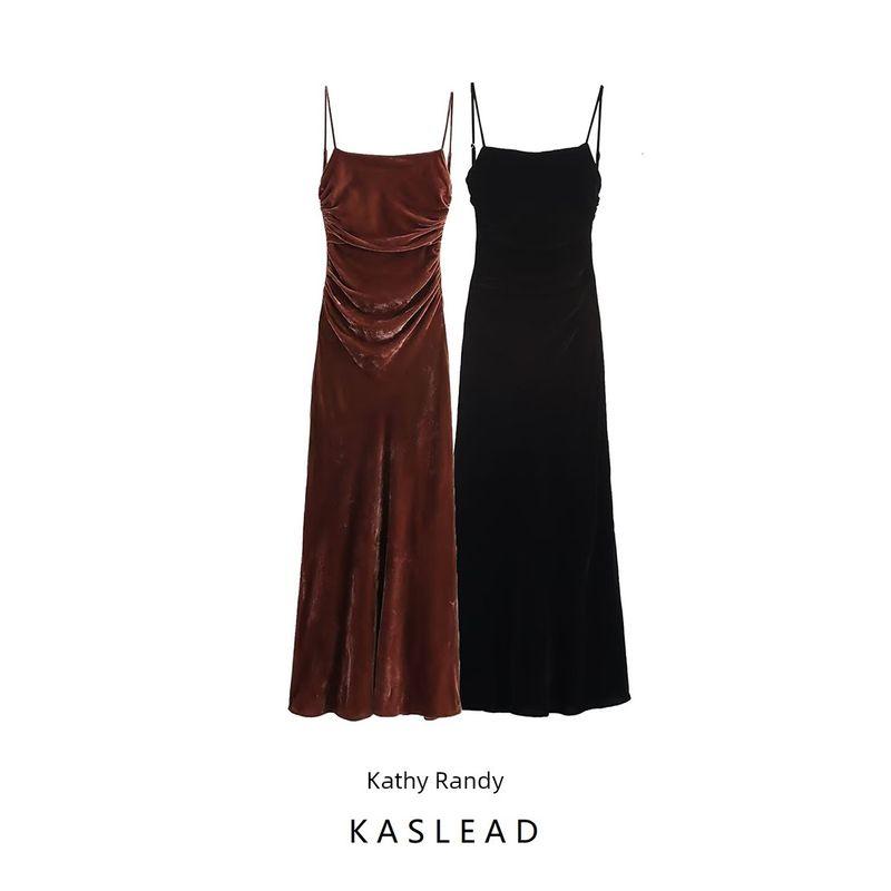 Kaslead New Arrival Women's Clothing Fashion Style Fashion Velvet Ruched Midi Skirt Dress 9196070