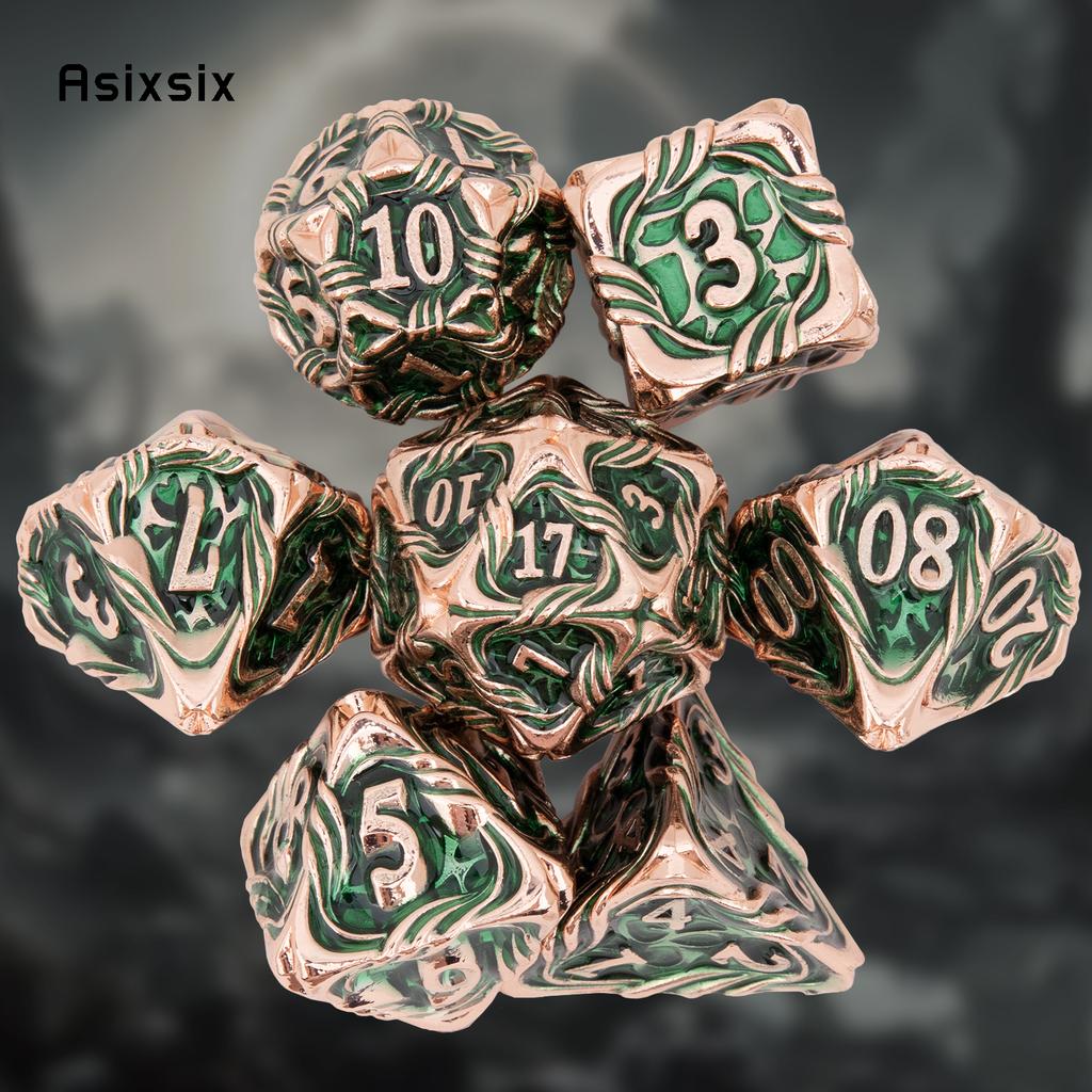 7 Pcs Yellow Green Tree Vine Metal Dice Solid Metal Polyhedral Dice Set Suitable for Role-Playing RPG Board Game Dice RPG