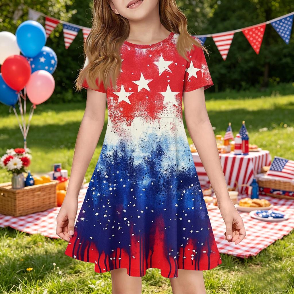 Girls Short Sleeve Dress with Pocket Independence Day Inspired Print Casual Fit and Flare Summer Dress for Kids